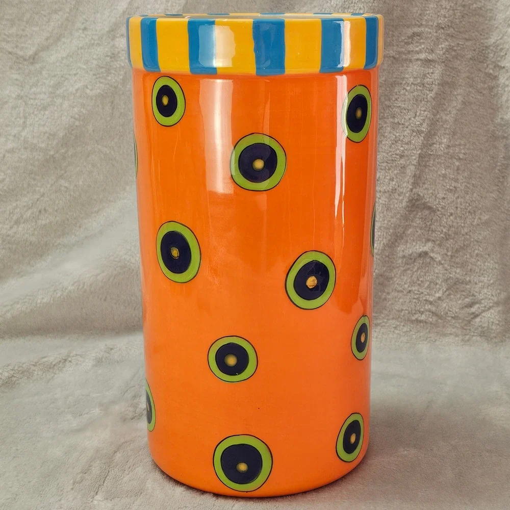 All U Can Handle Hand Painted Ceramic Vase Utensil Holder Orange Dots 10in 90s
